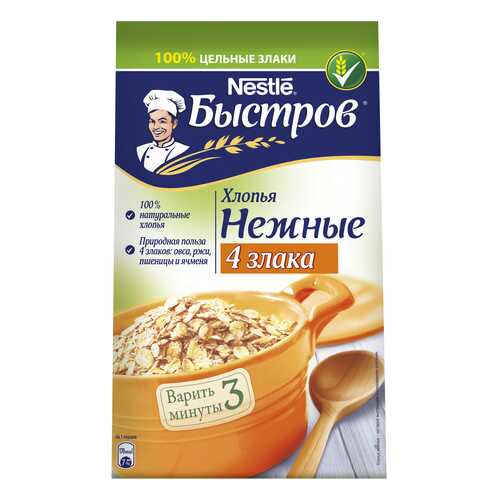Хлопья овсяные Быстров 4 злака с добавлением ржаных, пшеничных, ячменных хлопьев 350 г в Дикси