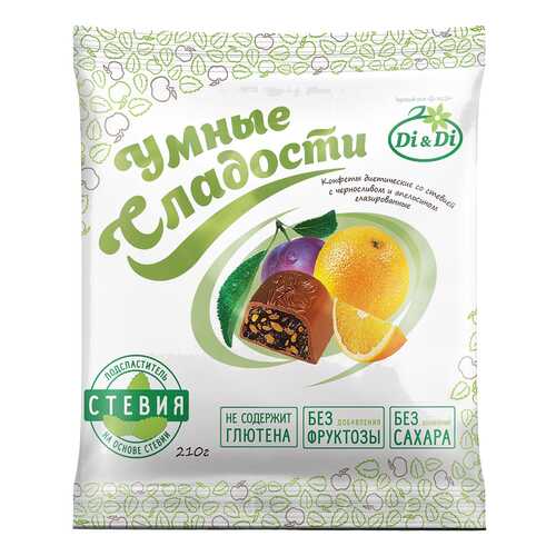 Конфеты глазированные Умные сладости со стевией черносливом и апельсином 210 г в Дикси