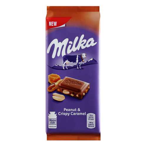 Шоколад Milka Молочный с арахисом и кусочками хрустящей карамели 90г в Дикси