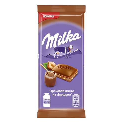 Шоколад Milka молочный с добавлением ореховой пасты из фундука и с дробленым фундуком 90 г в Дикси